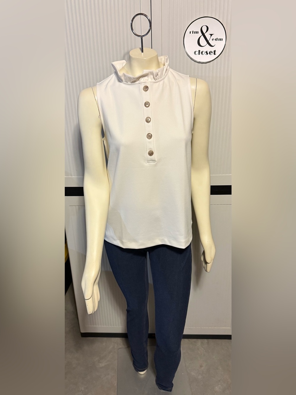 Ann Taylor Sleeveless Ruffle Neck Top with Buttons - Cream